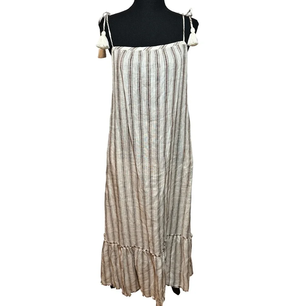 Tory Burch Striped Linen Maxi Dress Brown Cream Tassel Tie Straps 87512 Small